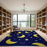 Navy Blue Crescent Moon Stars Kids Area Rug