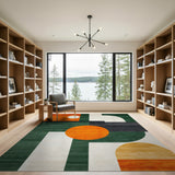 ODIKA Washable Geometric Abstract Area Rug, Modern Green & Orange Low Pile Non-Slip Carpet
