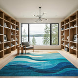Coastal Beach Blue and Teal Blue Teal Wave Coastal Area Rug