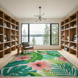 Pink Hibiscus Lush Palm Leaf Area Rug