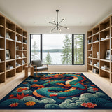 Majestic Teal Dragon Multi-Color Area Rug