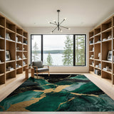 ODIKA Emerald Green and Gold Abstract Marble Washable Area Rug