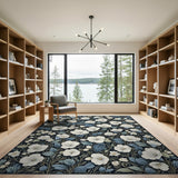 Navy Blue Leaf White Anemone Floral Rug