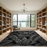 Black White Monstera Palm Leaf Area Rug