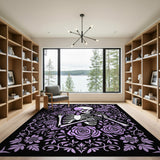 ODIKA Gothic Skeleton Floral Washable Area Rug - Purple Low Pile Non-Slip Rug
