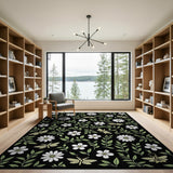 White Daisy Dragonfly Floral Area Rug - Black