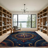 Blue and Teal Ornate Nautical Compass Rose Area Rug