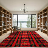 Bold Red Tribal Plaid Area Rug with Feathers