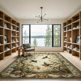 ODIKA Vintage Hummingbird Floral Washable Rug, Low Pile Non-Slip Sage Green Area Rug