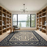 Ornate Navy Beige Maze Labyrinth Rug