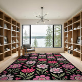 Vibrant Pink Floral Area Rug on Black