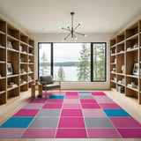 Vibrant Pink Blue Gray Patchwork Geometric Rug