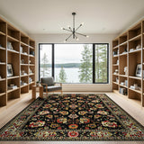 Black Persian Floral Area Rug with Red Gold Accents