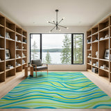 ODIKA Abstract Wavy Turquoise & Lime Green Washable Area Rug - Low Pile, Non-Slip, Pet & Kid Friendly