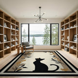 Black Cat Silhouette Area Rug with Leaf Border
