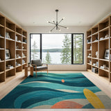 Teal Ocean Waves Surfboard Coastal Area Rug