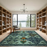 Blue and Teal Teal Ornate Medallion Persian Area Rug