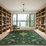 Emerald Green Persian Area Rug with Gold Florals