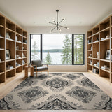 Black Damask Motif Beige Area Rug