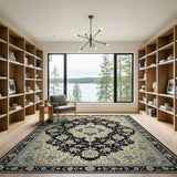 Ivory Persian Medallion Area Rug with Navy Floral Design