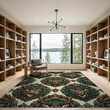 Regal Stag Head Green Crest Pattern Area Rug
