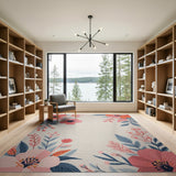 Blush Pink Floral Area Rug with Blue Leaves
