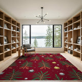ODIKA Christmas Tree Washable Area Rug - Red Festive Holiday Low Pile Non-Slip Carpet