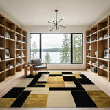 ODIKA Washable Abstract Geometric Rug - Black & Gold Modern Low Pile Area Rug