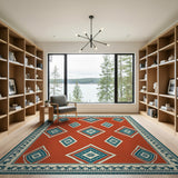 Red Persian Rug with Teal Floral Diamonds