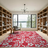 Vibrant Red White Floral Pattern Area Rug