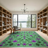 Purple Floral Blooms on Mint Green Area Rug