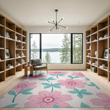 Pink Camellia Flowers Teal Leaves Area Rug