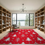 Festive White Christmas Trees Snowflakes Red Area Rug
