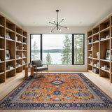 Orange Persian Medallion Area Rug with Navy Borders
