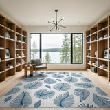 Navy Blue Feather Leaf Pattern Area Rug