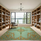 Teal Gold Ornate Floral Border Rug