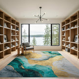 ODIKA Emerald Green & Gold Marble Abstract Washable Area Rug, Low Pile Non-Slip Carpet
