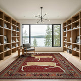 Red Persian Rug with Majestic Deer Silhouettes
