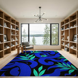 Navy Swirl and Teal Leaf Abstract Area Rug