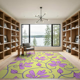 Purple Floral Blooms on Sunny Yellow Area Rug