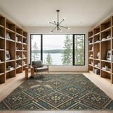 Teal Gold Ornate Floral Geometric Area Rug