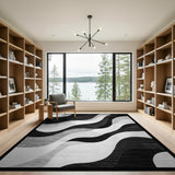 Black White Wavy Abstract Black and White Area Rug