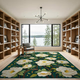 Emerald Green White Peony Floral Area Rug