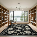 Elegant White Anemone Floral Area Rug on Black