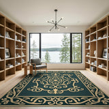 Ornate Teal Persian Area Rug with Gold Filigree