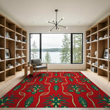 Vibrant Red Persian Rug with Green Palmette Motifs