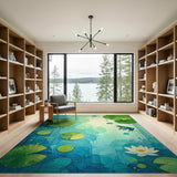 ODIKA Watercolor Lily Pad and Blue Frog Washable Area Rug - Low Pile Non-Slip