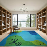 Abstract Green Leaves on Turquoise Blue Area Rug