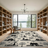 Beige Winter Village Windmill Silhouette Rug