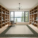 Ornate Green Border Beige Area Rug